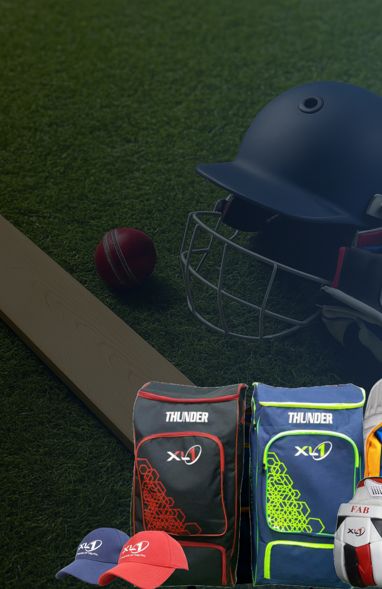 XL1 Thunder cricket equipment collection with helmet, ball, bat and kit bags on grass field